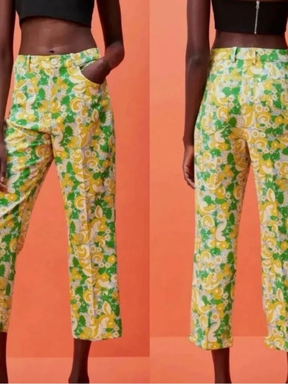 Zara Green and Yellow Floral Retro Cropped Trousers